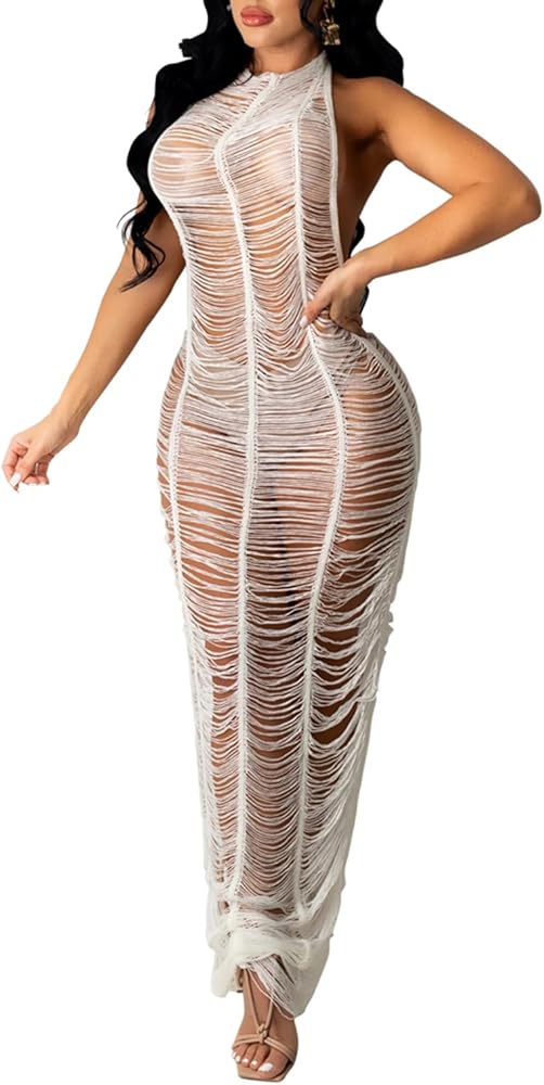 Women's Sexy Mesh Fringe Maxi Dress Halter Backless Bikini Swimsuit Summer Crochet Swim Cover Up