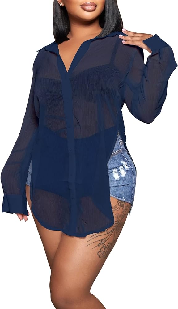 Womens Sheer Button Up Blouse Sexy Long Sleeve Mesh See Through Shirts Tops