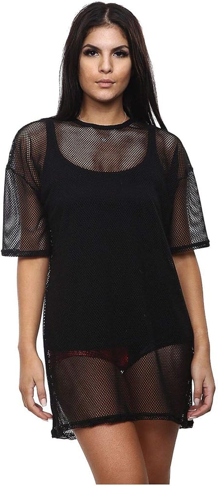 Women's Cover Ups Top See Through Gauze Sheer Mesh Oversized Neon Black T-Shirt Dress