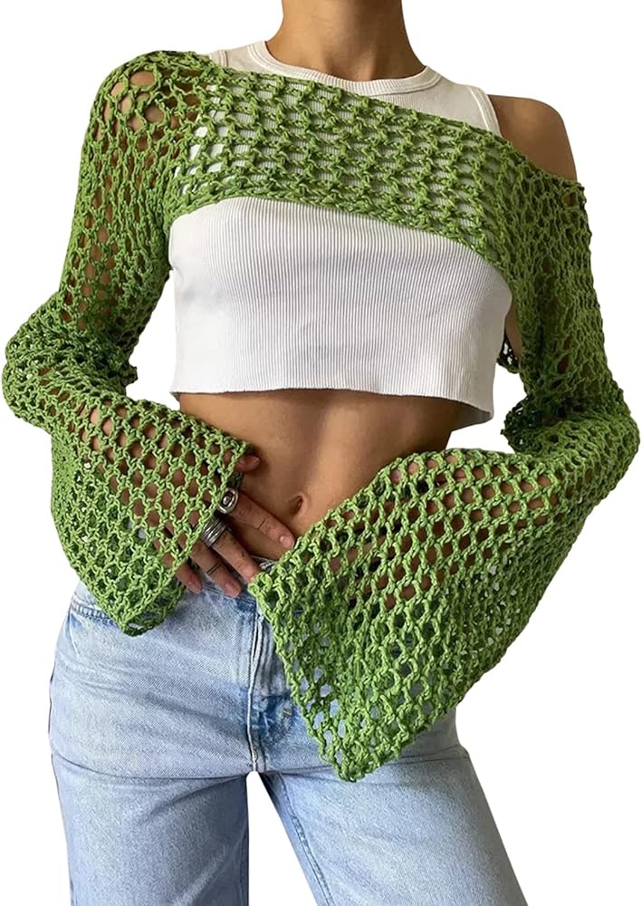 Womens Hollow Out Crochet Crop Top Long Sleeve Y2k Knit Sweater Bikini See Through Cover Ups