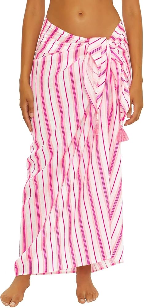 Becca by Rebecca Virtue Women's Standard Boost Woven Sarong, Adjustable, Tie Front Waist, Beach Cover Ups, Pink Flambe