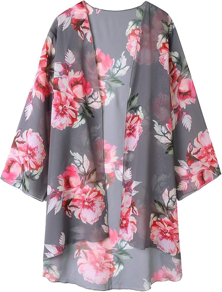 PEHMEA Women's Open Front 3/4 Bell Sleeve Floral Print Chiffon Kimono Beach Cover Up Swimsuits