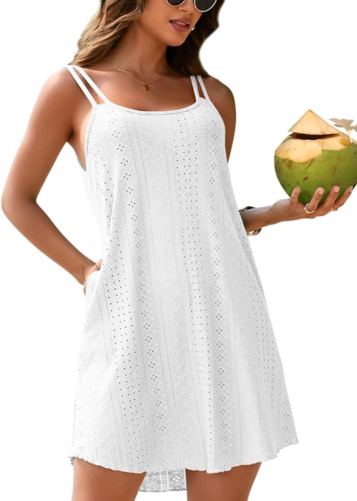 Charmo Hollow out Swimsuit Coverup for Women Spaghetti Strap Swim Cover Ups Swimwear Pockets Casual Summer Beach Dress 2024