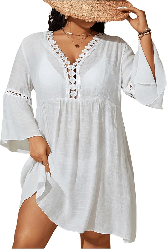 Women's Plus Size Swimsuit Coverup Lace V Neck Bathing Suit Cover Up Loose Beach Dress Beach Cover Up