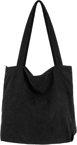 Bolsa De Pana Grande Para Mujer, Bolsa de Pana con Cremallera, con Bolsillos, Compartimentos, Bolso de Hombro para Mujer Bolsa Tela Mujer Verano Playa Para Viajes Trabajo Escuela Uso Diario (Negra)