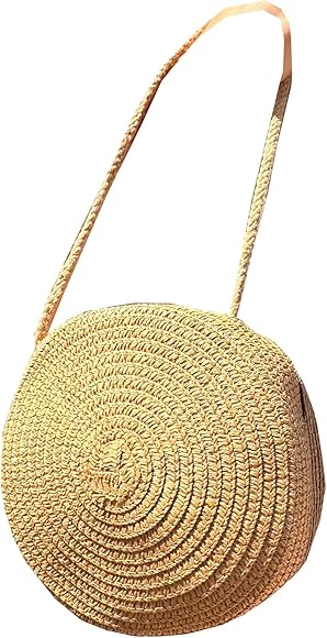 Bolso Mujer De Paja Rafia Para Verano Playa, Capazo De Esparto Mimbre Hecho a Mano, Cesta Totte de Hombro Circular Natural Estilo Étnico Bohemio Ecológico