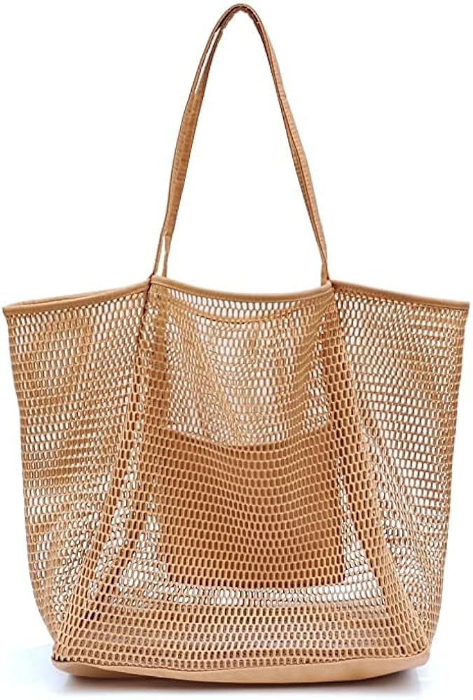 Pinsheng Bolso de Malla, Grande para Playa, Bolso de Hombro con Bolsillo Interior, para Mujer, Bolso de mano Impermeable Plegable para picnic, vacaciones, compras