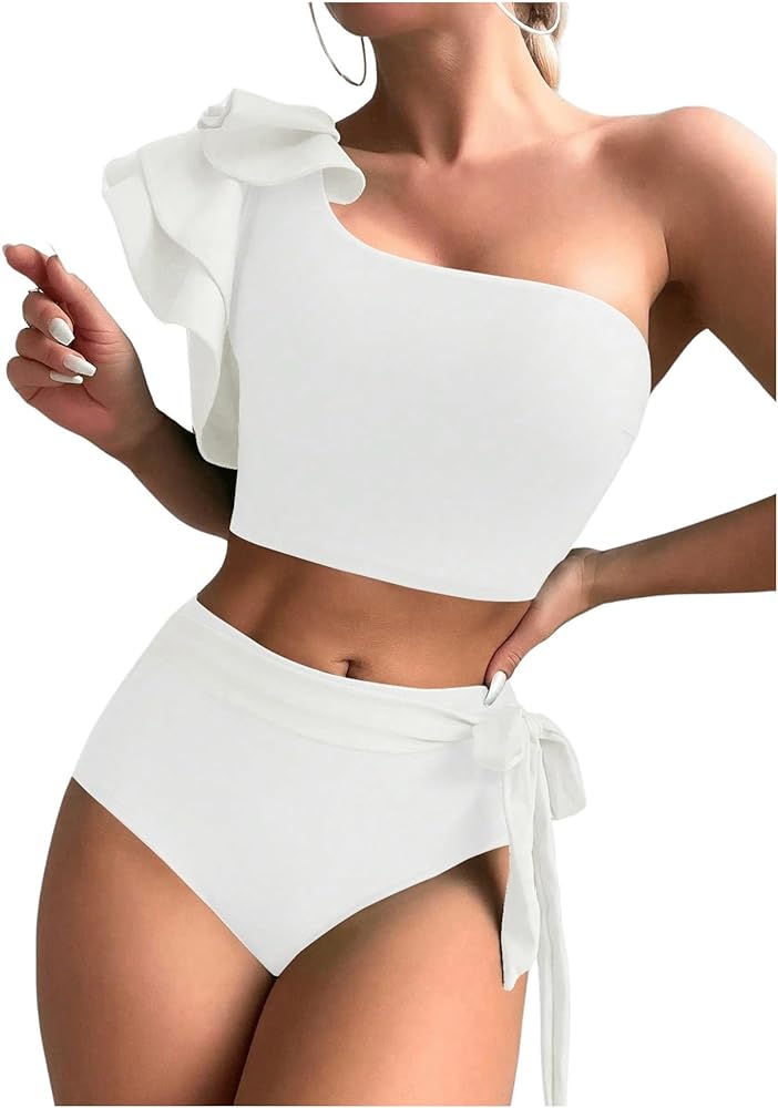 Women's 2 Piece Bikini Set Ruffle Trim One Shoulder Swimsuit High Waisted Bikini Set Swimsuit Bathing Suit