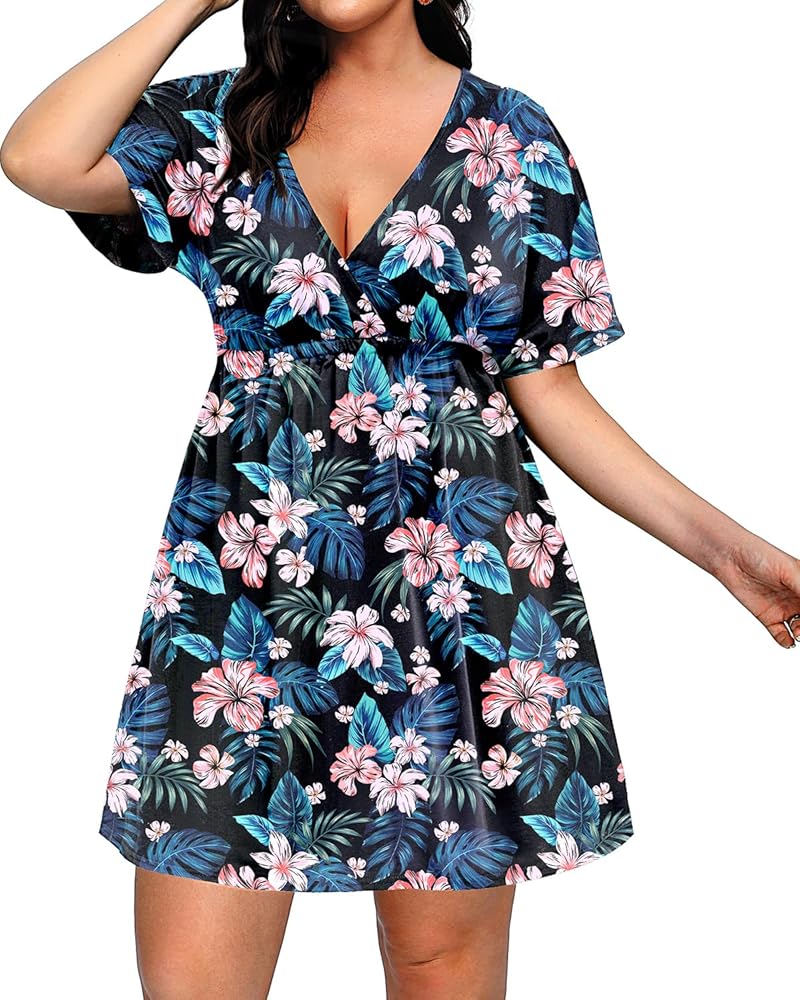 Pinup Fashion Women's Plus Size Swimsuit Cover Up Dress Short Sleeve Wrap V-Neck Beachwear Coverups