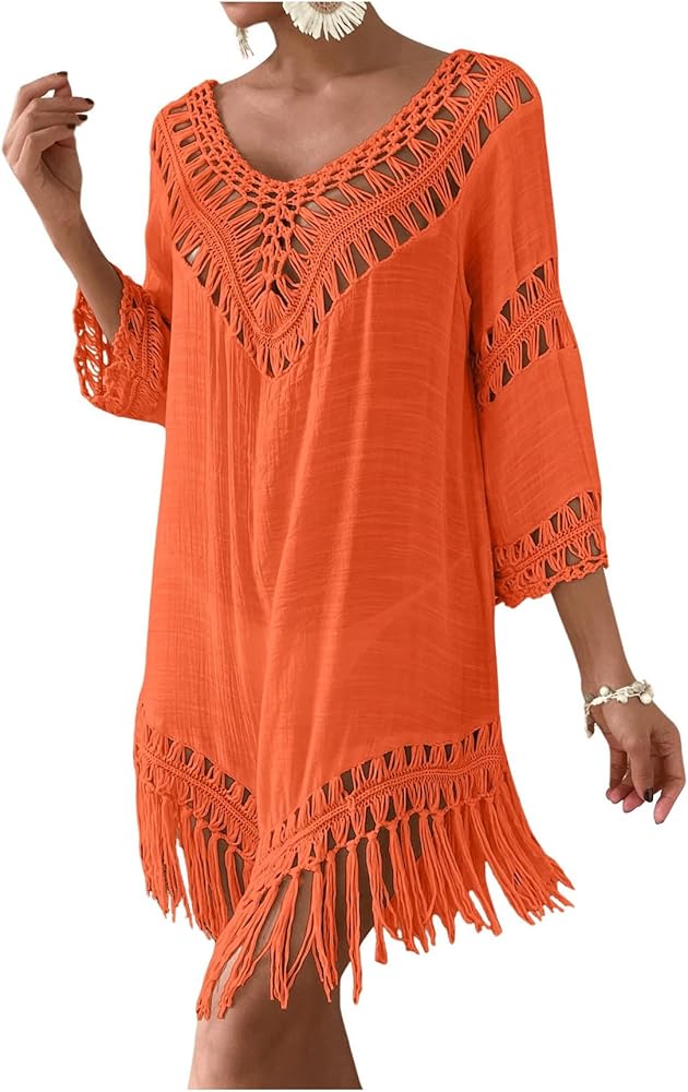 Verdusa Women's Hollow Out Fringe Hem Beach Cover Up 3/4 Sleeve Swimsuit Bikini Dress