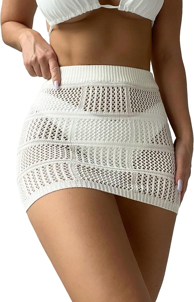 SHENHE Women's Sheer Crochet Hollow Out Swimsuit Bikini Cover Up Beach Skirts Fitted White S