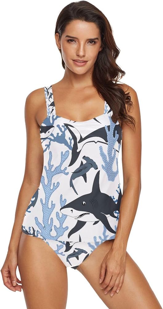 Sharks 2 Piece Women Tankini Swimsuit Tummy Control Sport Bathing Suit with Bikini Bottom