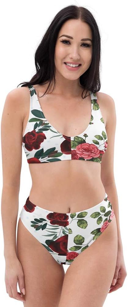 Recycled High Waisted Bikini for Women Tops Bottoms Swimsuit Bathing Suits Milky White Floral Cherry Rose Flush Pink