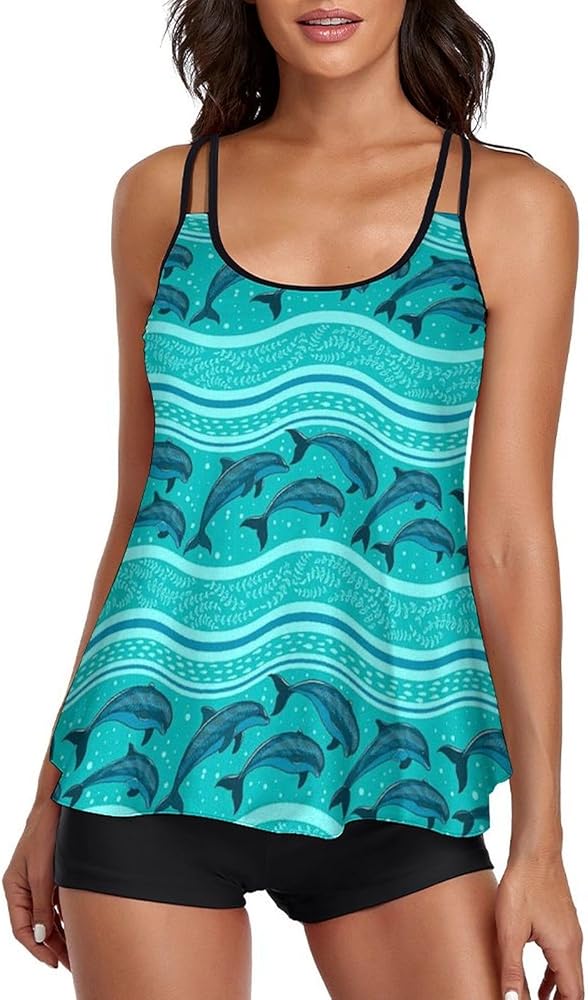 Womens 2 Piece Swimderss Bikini Bathing Suits Coconut Tree Print Swim Tank Top Shorts Flowy Tankini Swimsuits