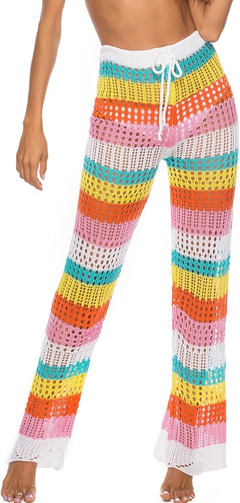 PEHMEA Women's Crochet Beach Pants Hollow Out Rainbow Swimsuit Cover Up Trousers