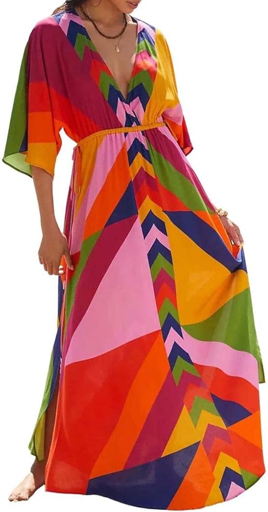 Bsubseach Kaftan Dresses for Women Bathing Suit Cover Up Beach Caftan with Drawstring