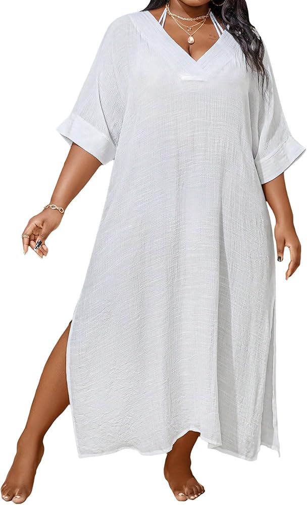 WDIRARA Women's Plus Size Swimwear V Neck Half Sleeve Split Side Cover Up Beach Dress