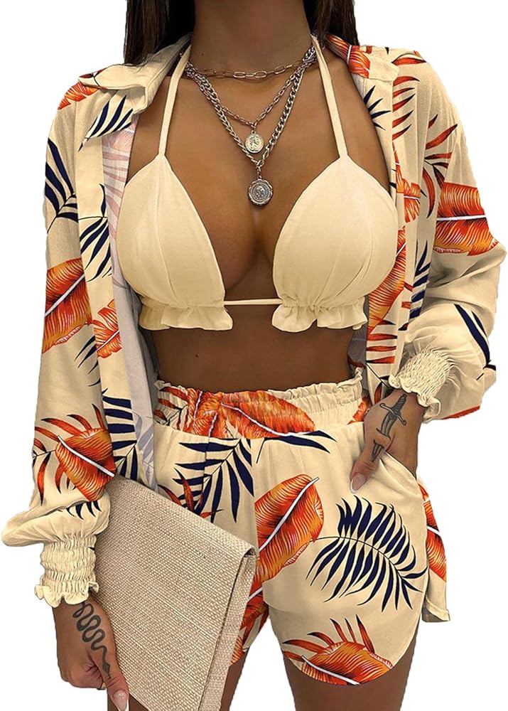 KEYUFANG Women Hawaiian 3 Piece Outfits Set – Floral Print Blouse Casual Mini Short with Tank Summer Beachwear Suit