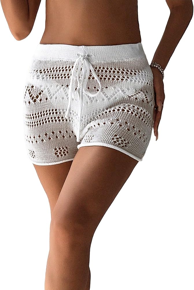 Milumia Women Sheer Drawstring Swimsuit Coverup Crochet Beach Shorts Knitted Bikini Beachwear