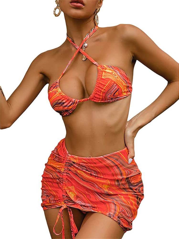 Women's 3 Piece Swimsuits Printed Halter Triangle Bikini Bathing Suits with Cover Up Skirt