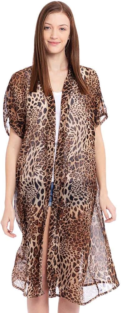 Women's Leopard Long Cover up, Leopard Summer Kimono, Leopard Cover up for Girls, Women's Summer Travel Beach Cover up Swimsuit Kimono Cardigan, Leopard, Brown, Cheetah, One Size