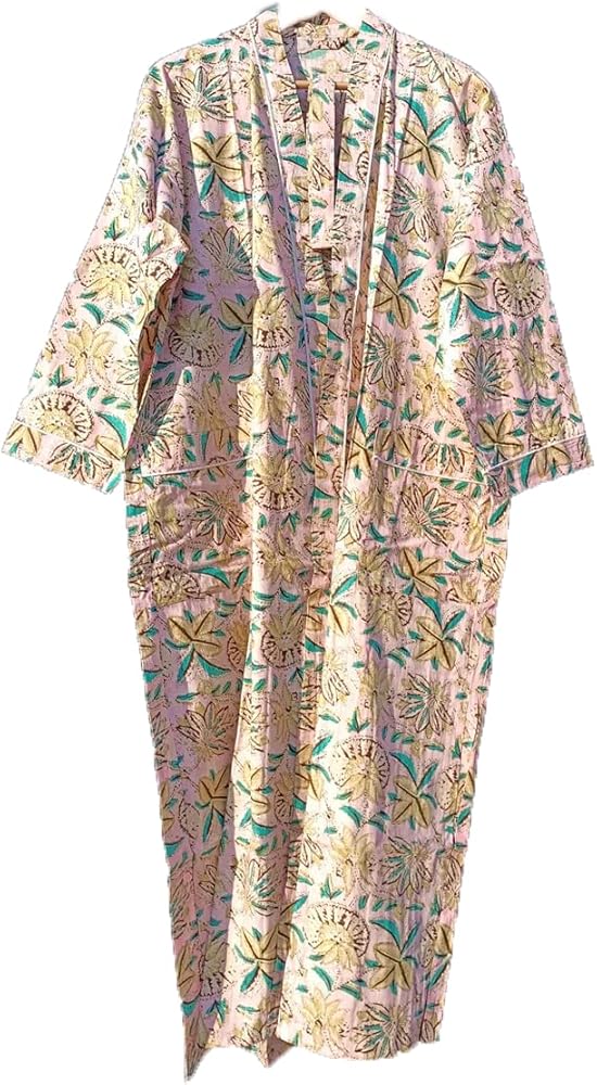 Kimono Kaftans for Women Hand Block Floral Printed Caftan for Women, Cotton Light Weight Summer Wear, Beach Wear Dress, Maxi Gown Nightwear Dress by B&A Ventures