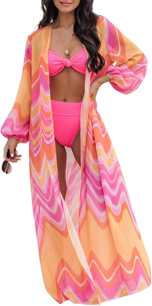 Women Bikini Cover Ups Floral Print Long Sleeves Kimono with Belt for Bikini Swimsuit Bathing Suit