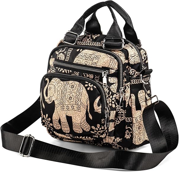 LaRechor Bolso Bandolera Mujer con Elefante - Elegante Bolso de Hombro - Bolsa de Cuerpo Cruzado de Nylon - Bolsa de Mensajero de Viajar Compras