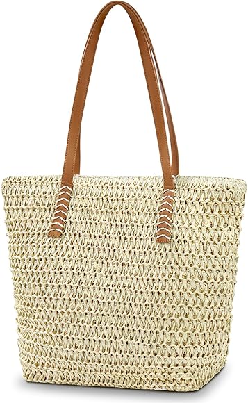 Aucuu Bolsa de hombro de paja para mujer, bolsa de playa, bolso grande con cremallera, bolso de mano bohemio de verano para viajes al aire libre y playa