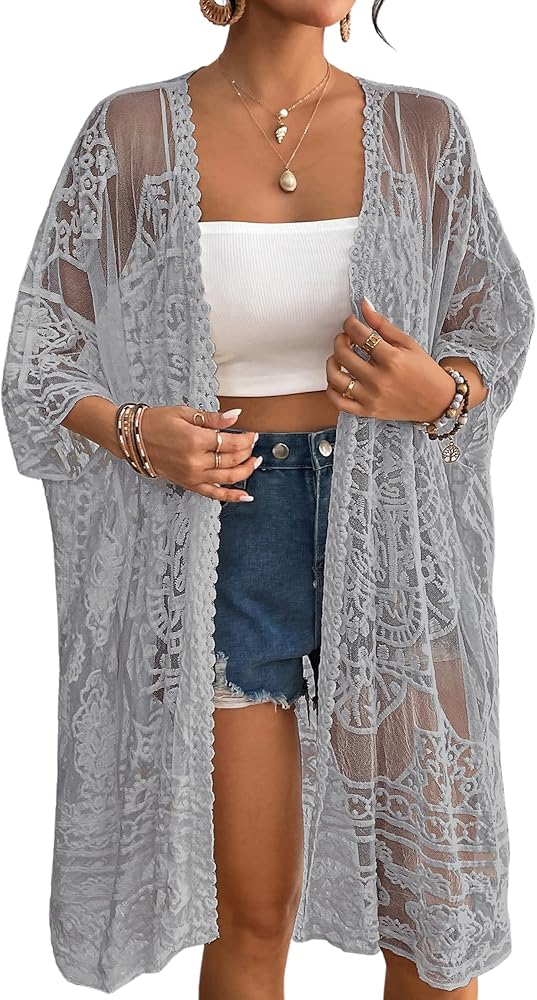 Bsubseach Cover Ups for Swimwear Women Open Front Lace Kimono Cardigan Swimsuit Coverup Sheer Beach Dress