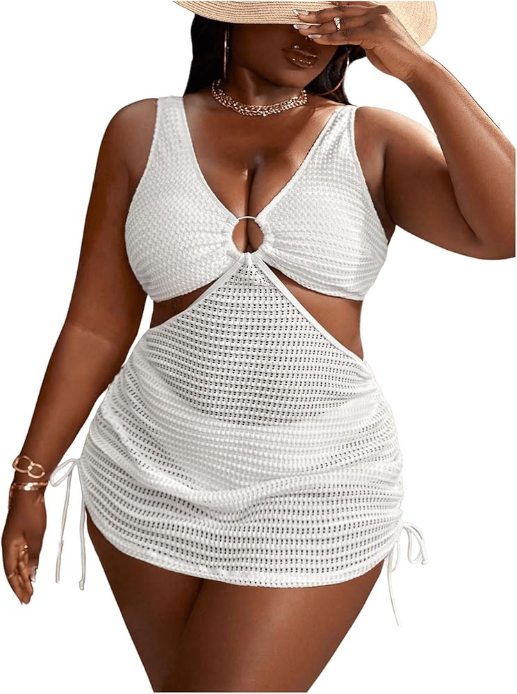 Women's Plus Size 2 Piece Tankini Set Ring Linked Cut Out Drawstring High Waisted Swimsuit Bathing Suit