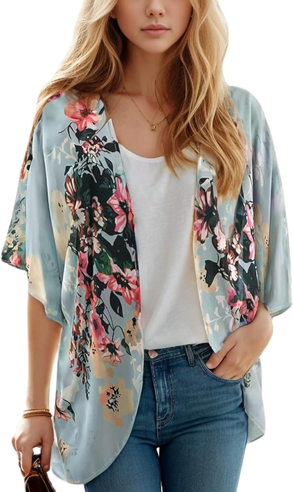 Women's Floral Print Puff Sleeve Kimono Cardigan Loose Cover Up Casual Blouse Tops