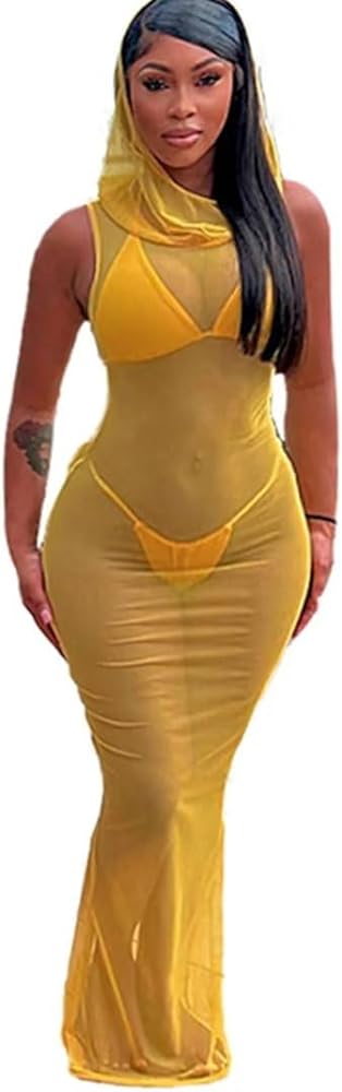 3 Piece Swimsuit Bathing Suit for Women Sexy Halter Bikini Sets with Sleeveless Sheer Mesh Maxi Cover Up Dress