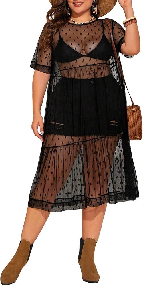 MakeMeChic Women's Plus Size Polka Dots Mesh Sheer See Through Short Sleeve Midi Dress Cover Up