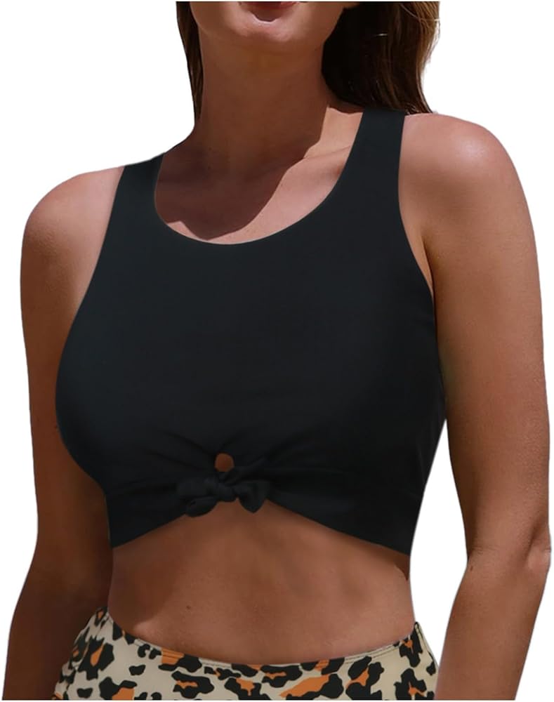 High Rise Bikini Sets for Women Tankini Tops for Women Cut Out Bikini Top Twist Knot Padded Swimsuit Tops Only Scoop Neck Push Up Full Coverage Bathing Suits Black M