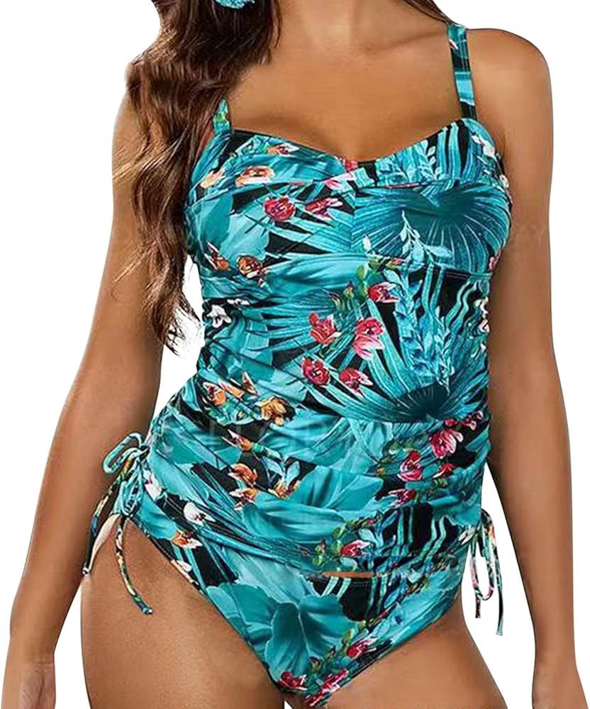 Women Tankini Swimsuits 2 Piece Plus Size Blouson Tankini Swim Tops with Shorts Ladies Floral Bathing Suit