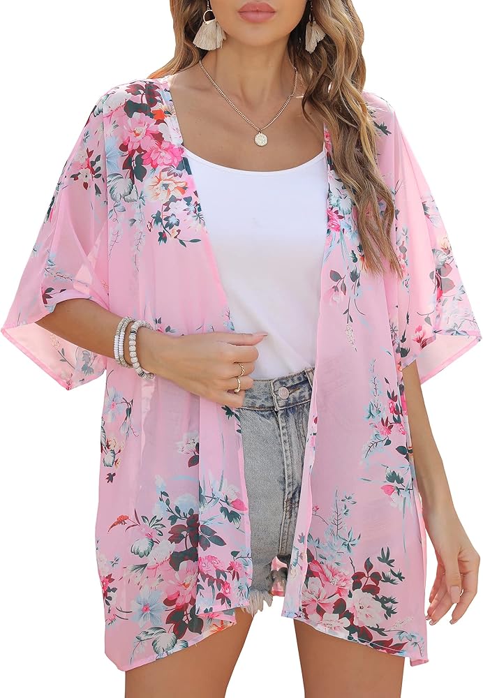 Chunoy Women Summer Floral Print Lightweight 3/4 Sleeve Chiffon Kimono Cardigan Beach Wear Cover Up Blouse Top