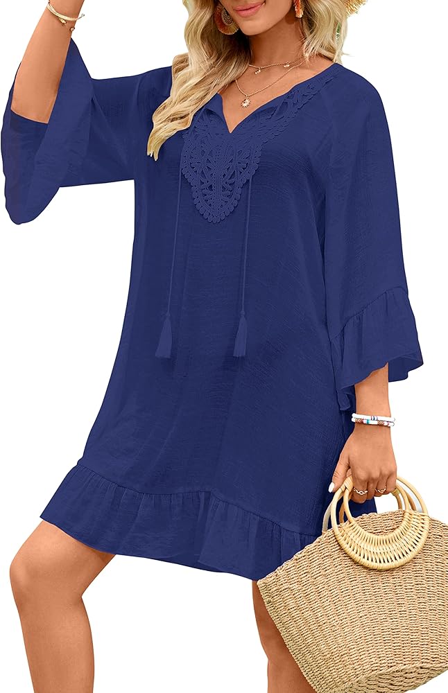 Women's Swimsuit Cover Up Shirt V Neck Bikini Beachwear Bathing Suit Swimwear Cover Ups Summer Loose Beach Dress