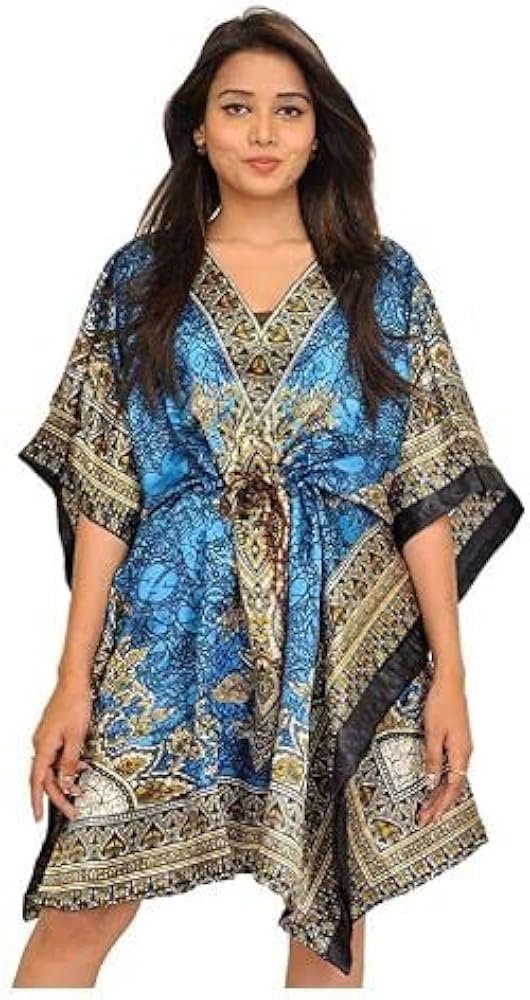 Kaftan for Women's Floral Print Kaftan Caftan v-Neck Tunic Dress Nightdress Maxi Free Size Cover up Dresses for Women Free Size Nightwear nigty Nightdress Beachwear Swimsuit Summer Dress (Teal Short)