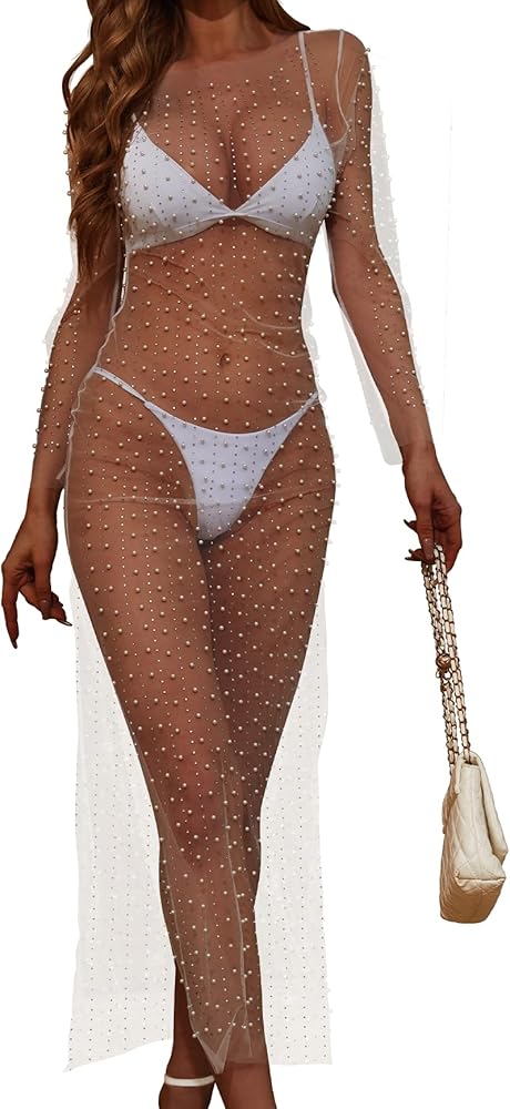 American Trends Women's Sheer Mesh Pearl Rhinestone Cover Up Dress Summer Sexy Coverups for Swimwear Bikini Bathing Suit