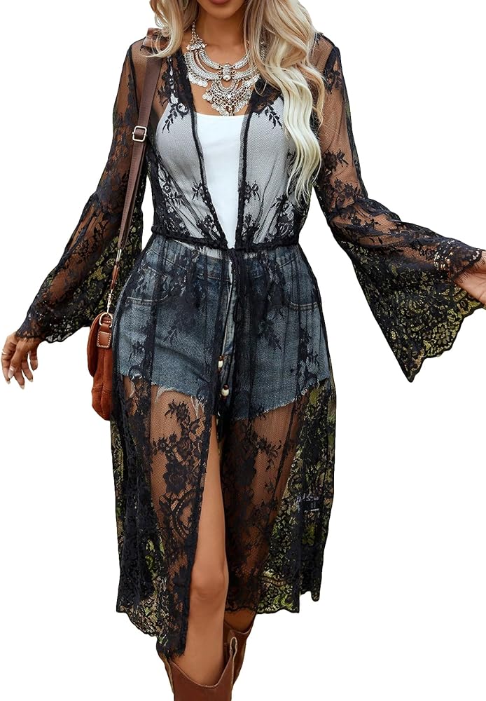 MakeMeChic Women's Floral Lace Kimono Lightweight Cardigan Sheer See Through Bathing Suit Cover Up Bikini Beachwear Swimsuit