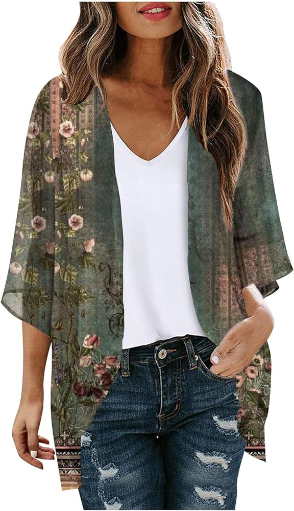 Womens Kimonos Cardigans Floral Print Puff Sleeve Swimsuits Cover Ups Plus Size Lightweight Tops Loose Beach Blouses