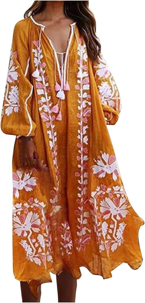 Ethnic Style Beach Kaftan Shirt Dress Women Boho Floral Long Sleeve Drawstring Midi Dresss Bikini Swimsuit Cover Up