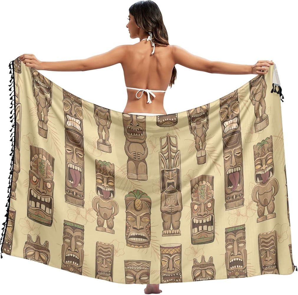 Tiki Statue Sarong Skirt Cover Ups for Women, Beach Pool Swimwear Suit Wrap Dress 2 Sizes