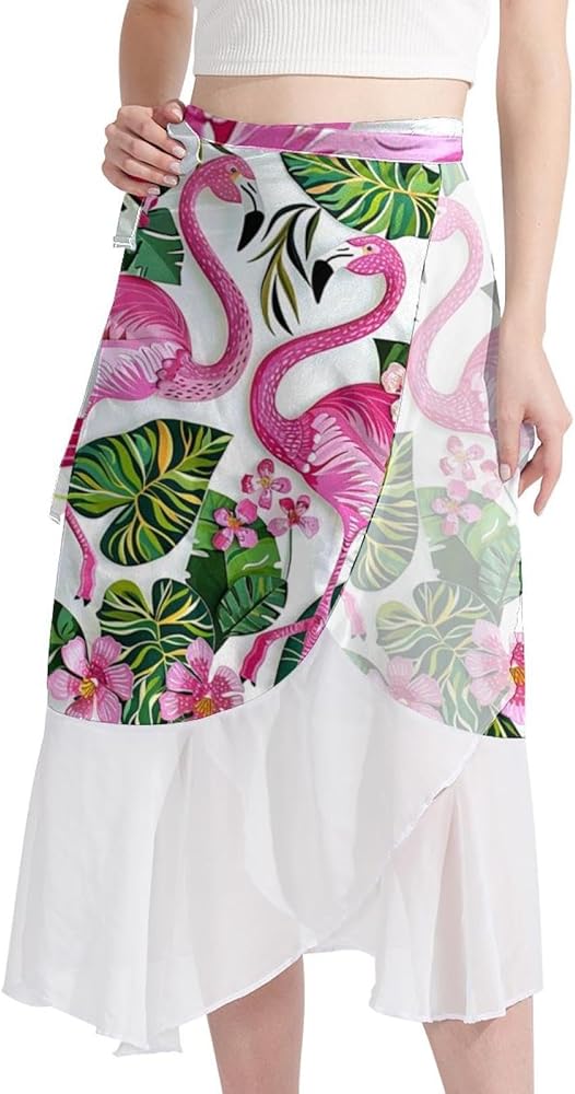 Beach Skirt, Swimsuit Coverups for Women, Semi-Sheer Swimwear Cover Ups, Flamingo Lotus Artistic Floral