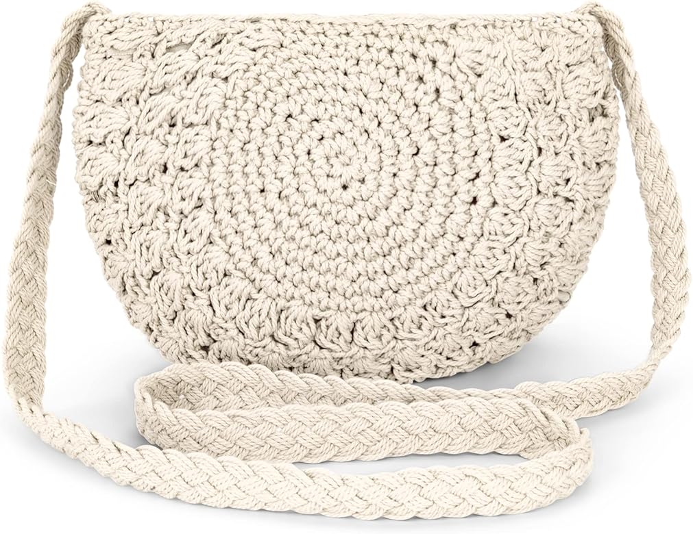 Bolso Redondo Hombro para Mujer, Bandolera de Verano Playa de Tejido, Bolso de Cossbody Ganchillo de Casuales Bohemio, Pequeño Bolsos de Hechos a Mano de Algodón (Beige)