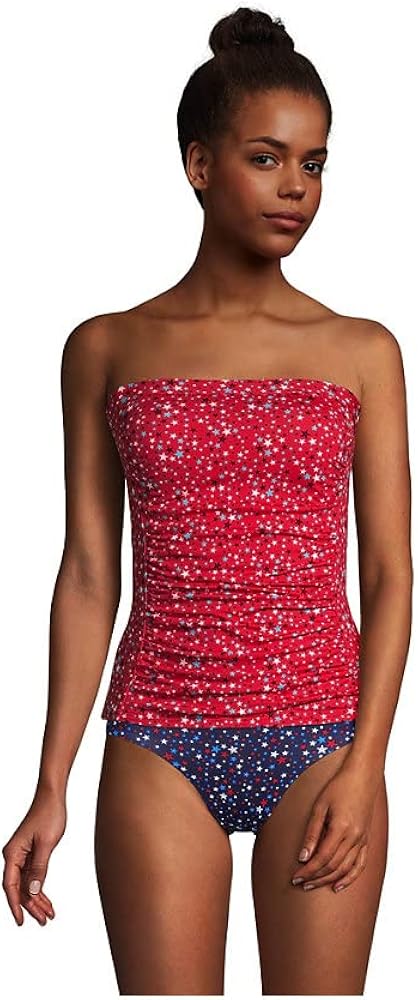 Lands' End Womens Chlorine Resistant Bandeau Tankini Top Compass Red Multi Stars Regular 2