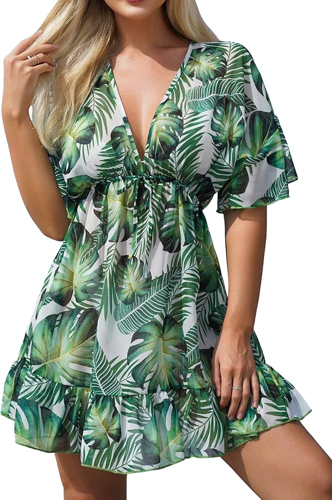 Verdusa Women's Tropical Print Ruffle Trim Drawstring Bikini Swimsuit Cover Up Dress