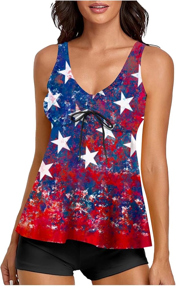 Bathing Suit for Women 2024 Plus Size Two Piece America Flag Swimsuits High Waisted Tankini Sets Sexy Swimwear, Large