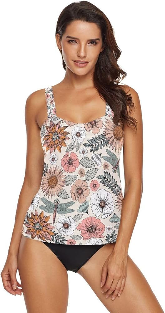 Women Tankini Set Boho Flowers and Dragonflies Two Piece Bathing Suits Tankini Top with Bikini Bottom